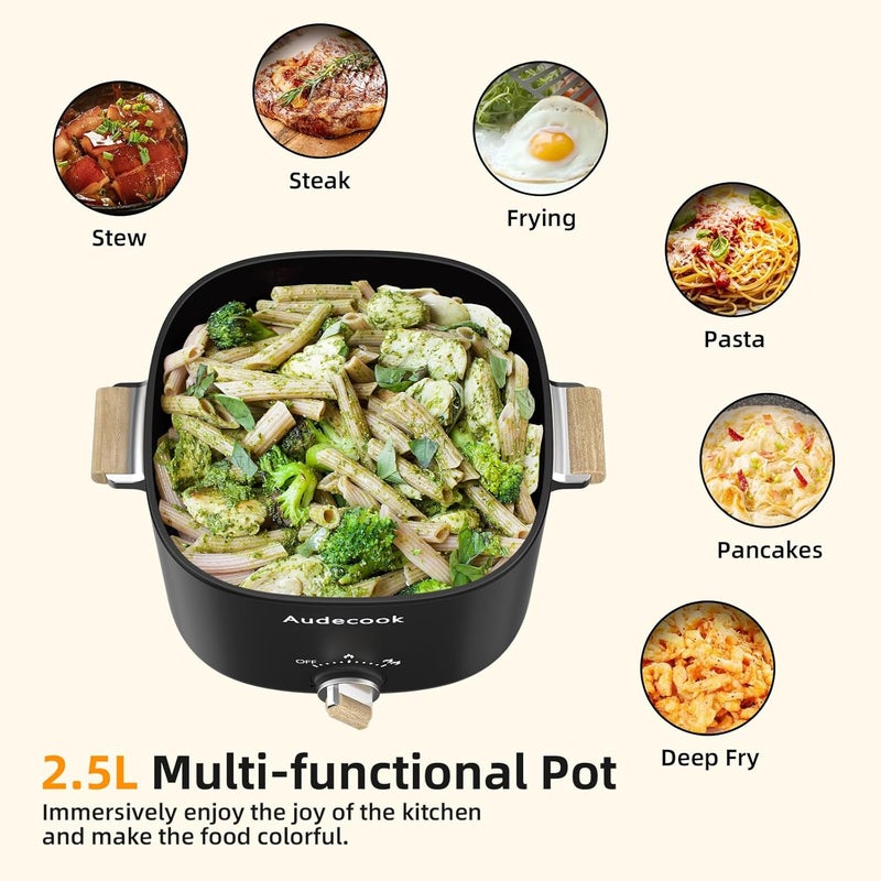 Audecook Hot Pot Electric, 2.5L Portable Nonstick Multicooker for 1-3 Persons, Honeycomb Texture Travel Electric Skillet with Dual Power Temperature Control for Steak/Egg/Noodles/Oatmeal (Black) - Image 2